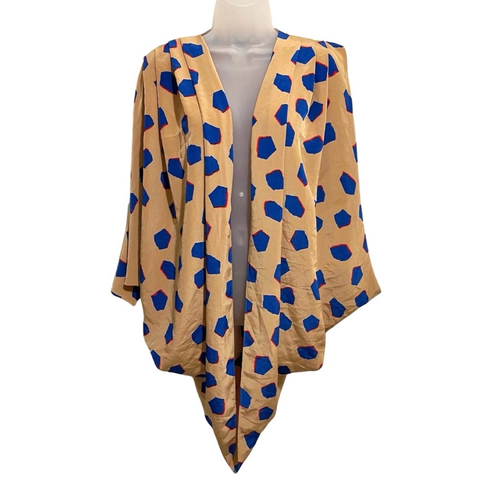 Abstract Blue Spotted Print Open Front Silky Kimono Cardigan Coverup